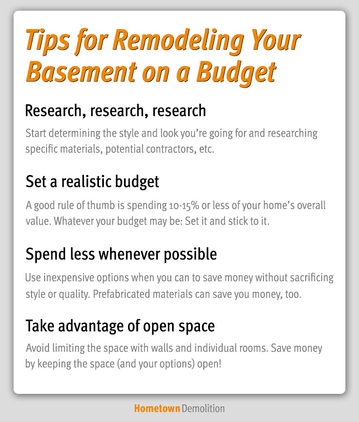 tips for saving money on basement remodel infographic