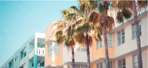 condo buildings behind palm trees