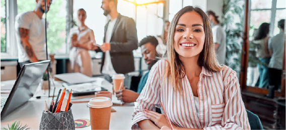 woman smiling in bright modern office