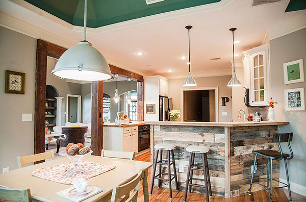 reclaimed wood adds a rustic touch to kitchen islands