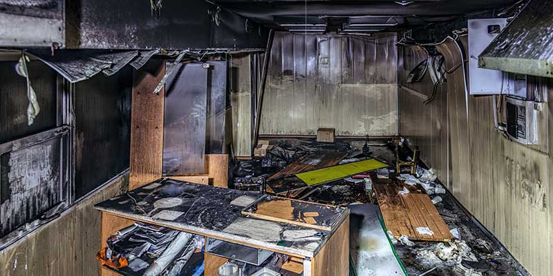 fire-damaged shop interior