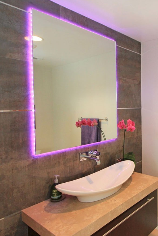 purple backlit bathroom mirror