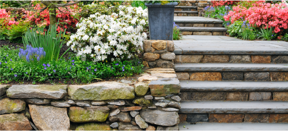 layered landscaping and stone steps