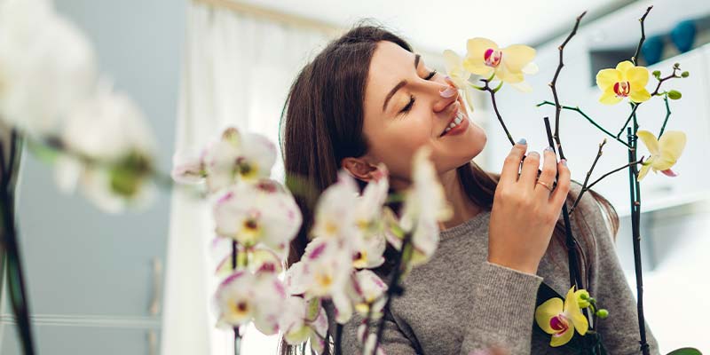 woman smelling flowers in her home