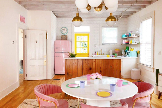 pink fridge in kitchen