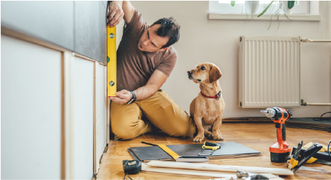 dog watching man measure his cabinets